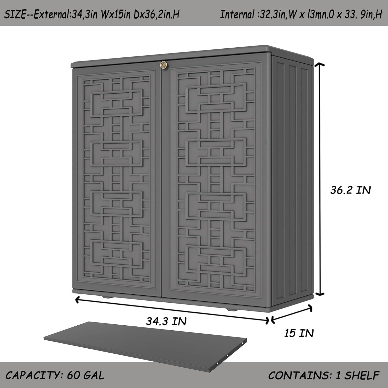Storage Box Outdoor Caninet,Resin Indoor Storage Box Waterproof Outdoor Storage Cabinets for Patio/Garden/Backyard, Size 34.3''L*15''W*36.2''H(Grey)