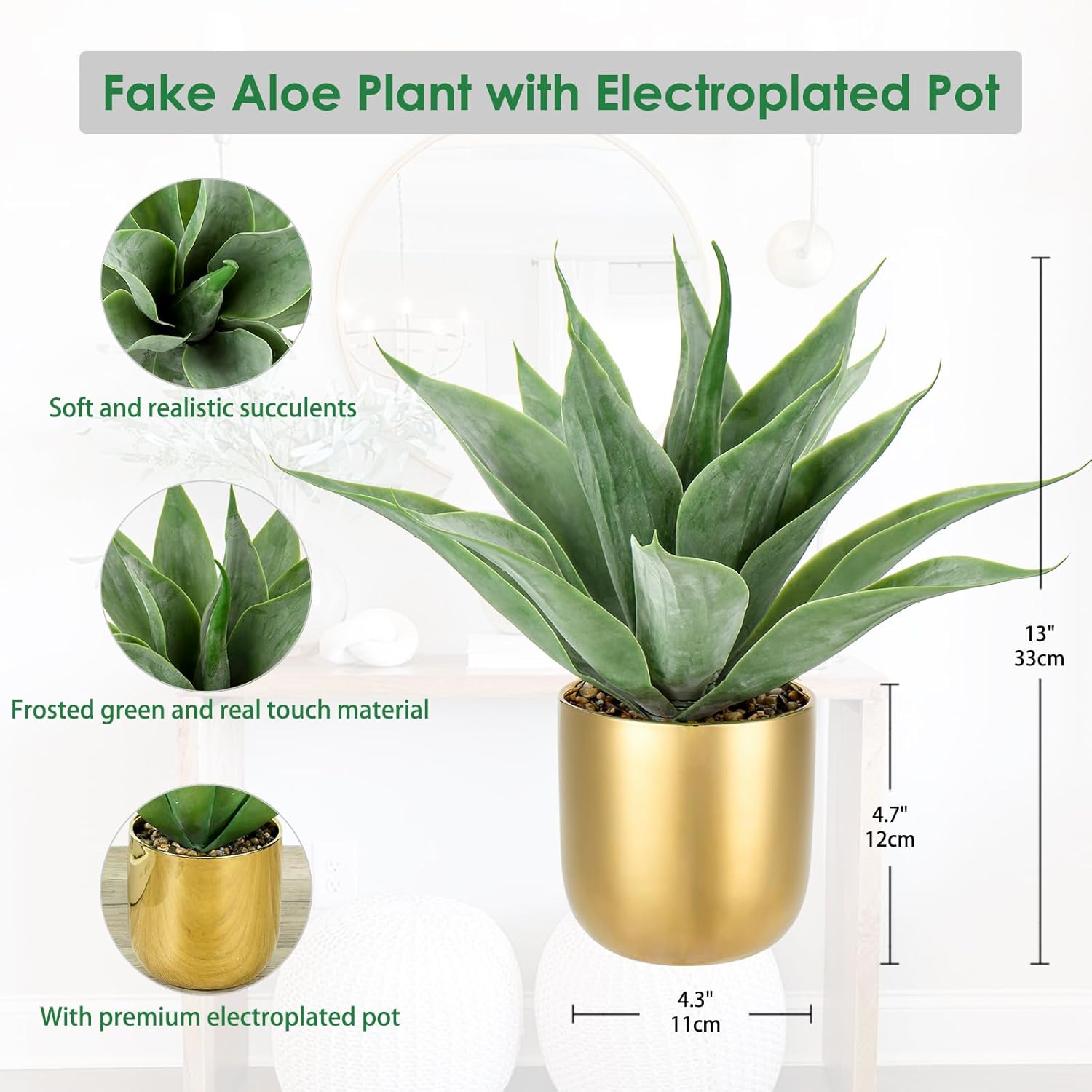 Large Faux Agave Plant 13" Artificial Aloe Vera Plants Fake Succulent Plants in Pot Realistic Agave Plant Artificial Potted Plants for Home Living Room Table Office Desk Bathroom Indoor Decor(Gold)
