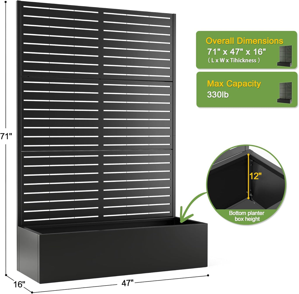 FENCY Metal Raised Garden Bed with Trellis, Metal Planter Box with Trellis, Garden Box for Climbing Plants Vegetable, 47" Lx16 Wx71 H Garden Bed with Drainage Holes(Black-Louvered)