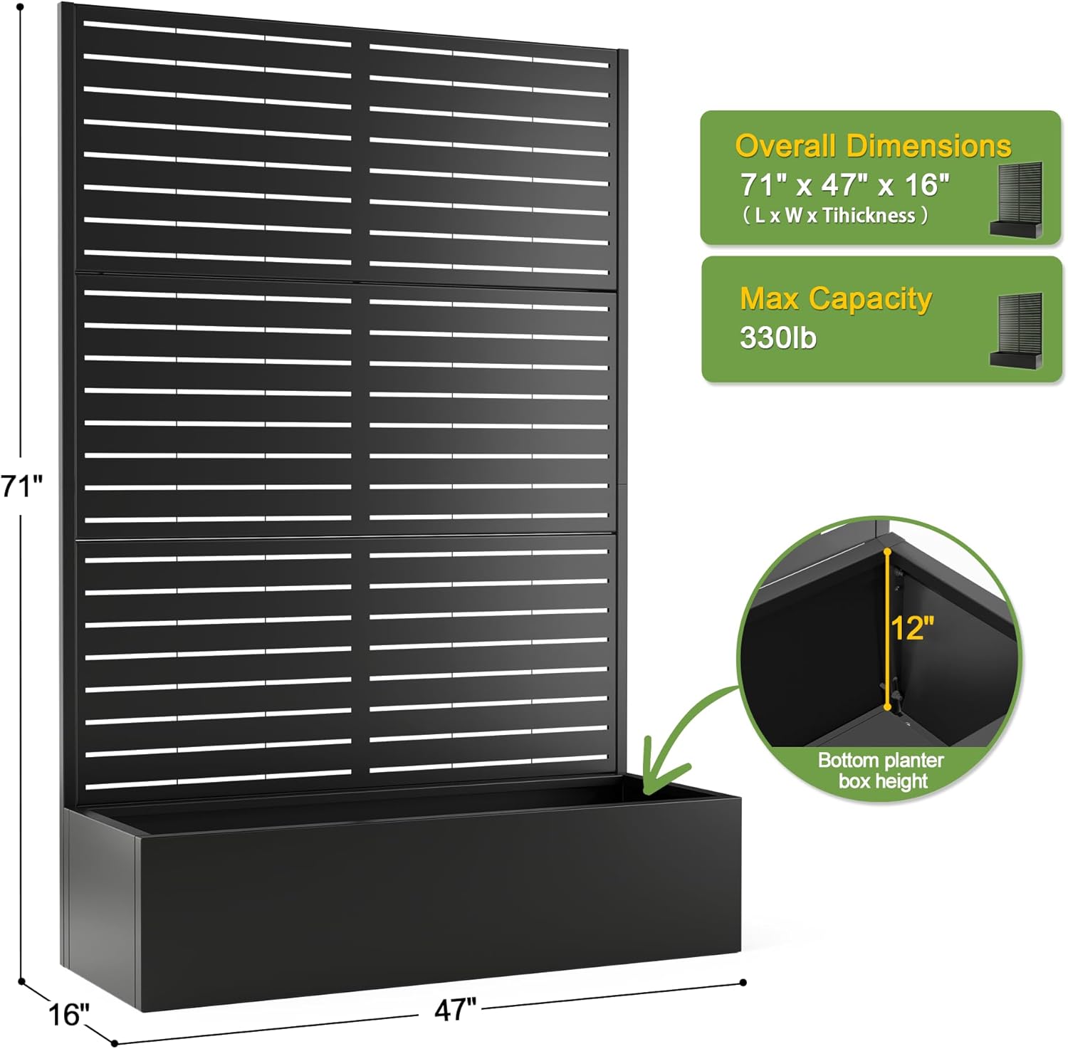 FENCY Metal Raised Garden Bed with Trellis, Metal Planter Box with Trellis, Garden Box for Climbing Plants Vegetable, 47" Lx16 Wx71 H Garden Bed with Drainage Holes(Black-Louvered)