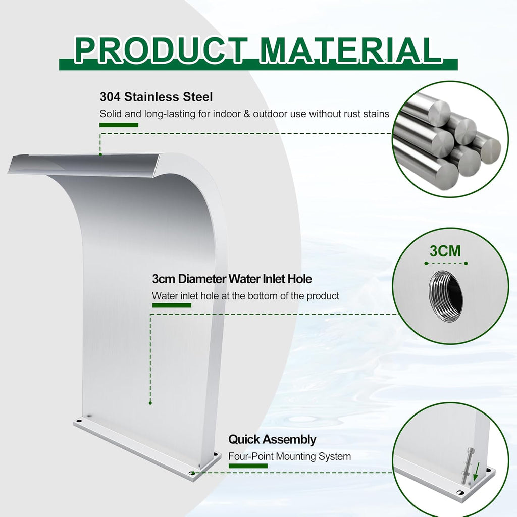 S-Shape Waterfall Spillway Ground Pool Fountain, LONGRUNNEW 304 Stainless Steel Outdoor Water Feature 24.13'' x 9.37'' x 15.39'' for Garden Decor, Landscape Accents & Patio Pond Water Feature-Large