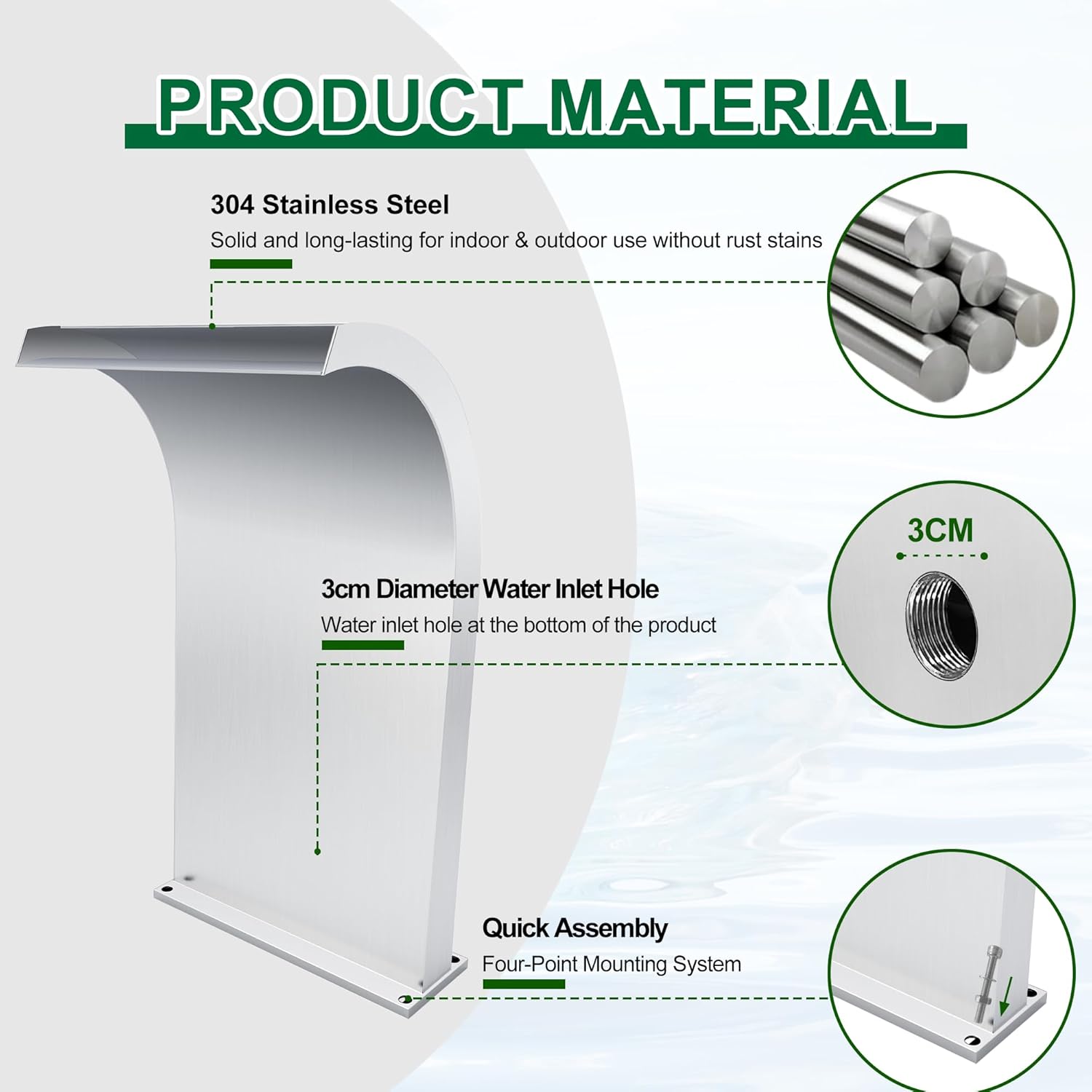 S-Shape Waterfall Spillway Ground Pool Fountain, LONGRUNNEW 304 Stainless Steel Outdoor Water Feature 24.13'' x 9.37'' x 15.39'' for Garden Decor, Landscape Accents & Patio Pond Water Feature-Large