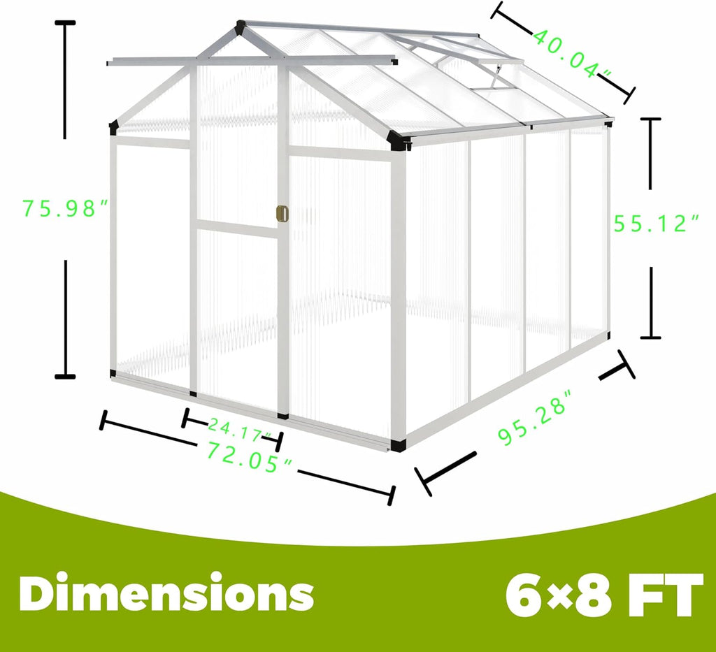 Aluminum Greenhouse for Outdoors, 6 x 8 FT Polycarbonate Walk-in Greenhouse with Quick Setup Structure and Adjustable Roof Vent, Silver