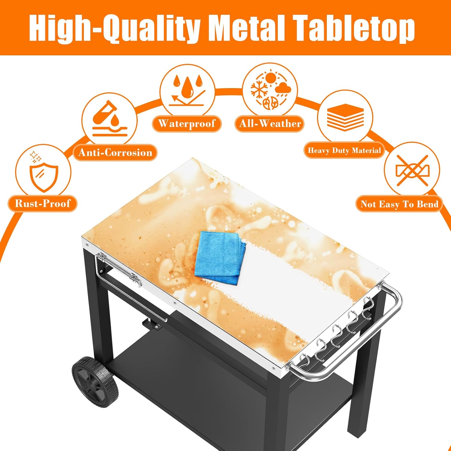 Outdoor Grill Table, Movable Dining Cart, Pizza Oven Table Stand, Double-Shelf Grill Stand, Food Prep and Work Cart with Wheels, Hooks, Fits for Blackstone Ninja