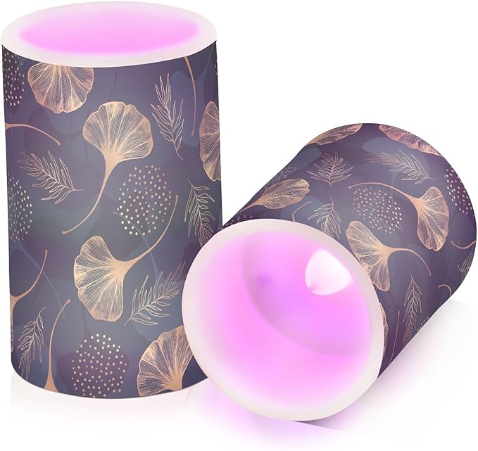 Flickering Flameless Candles, Golden Ginkgo Leaf LED Candles with Remote Timer, Set of 2 Battery Operated Candle for Valentine Wedding Birthday