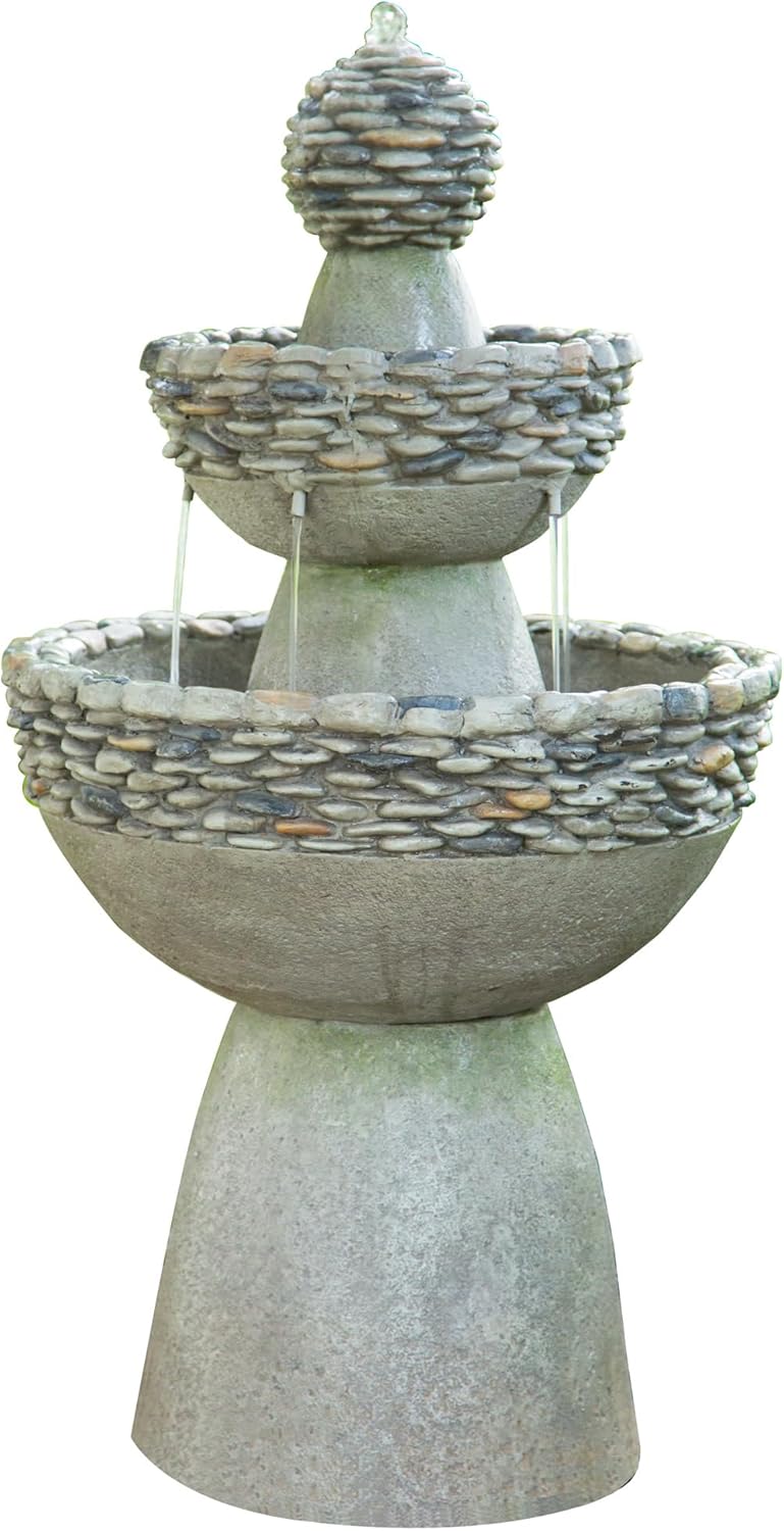 Teamson Home 36.5 in. Outdoor 3-Tier Zen-Style Pedestal Water Fountain in. with Stone Trim with Pump and 2.64 Gallon Capacity, Stone Gray