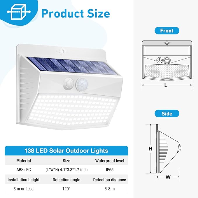 Solar Lights Outdoor Motion Sensor [138 LED/10 Packs] Solar Security Lights with 3 Lighting Modes Solar Wall Lights Waterproof Solar Powered Lights for Garden Fence Yard Deck, White