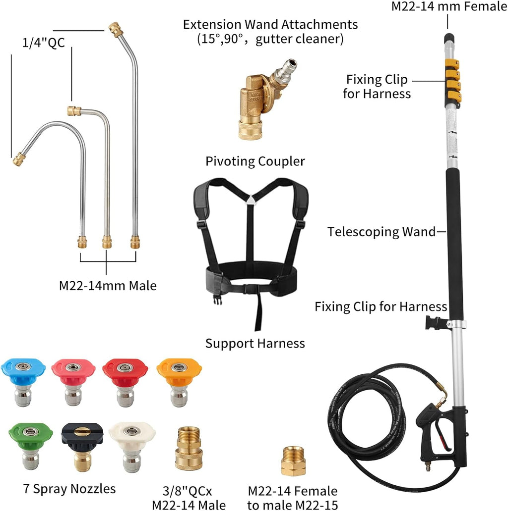 Tecoloy 24 FT Telescoping Pressure Washer Wand with Power Washer Extension Wand, Support Belt, Gutter Cleaner Attachment, 5 Spray Nozzle Tips and 2 Hose Inlet Adapters