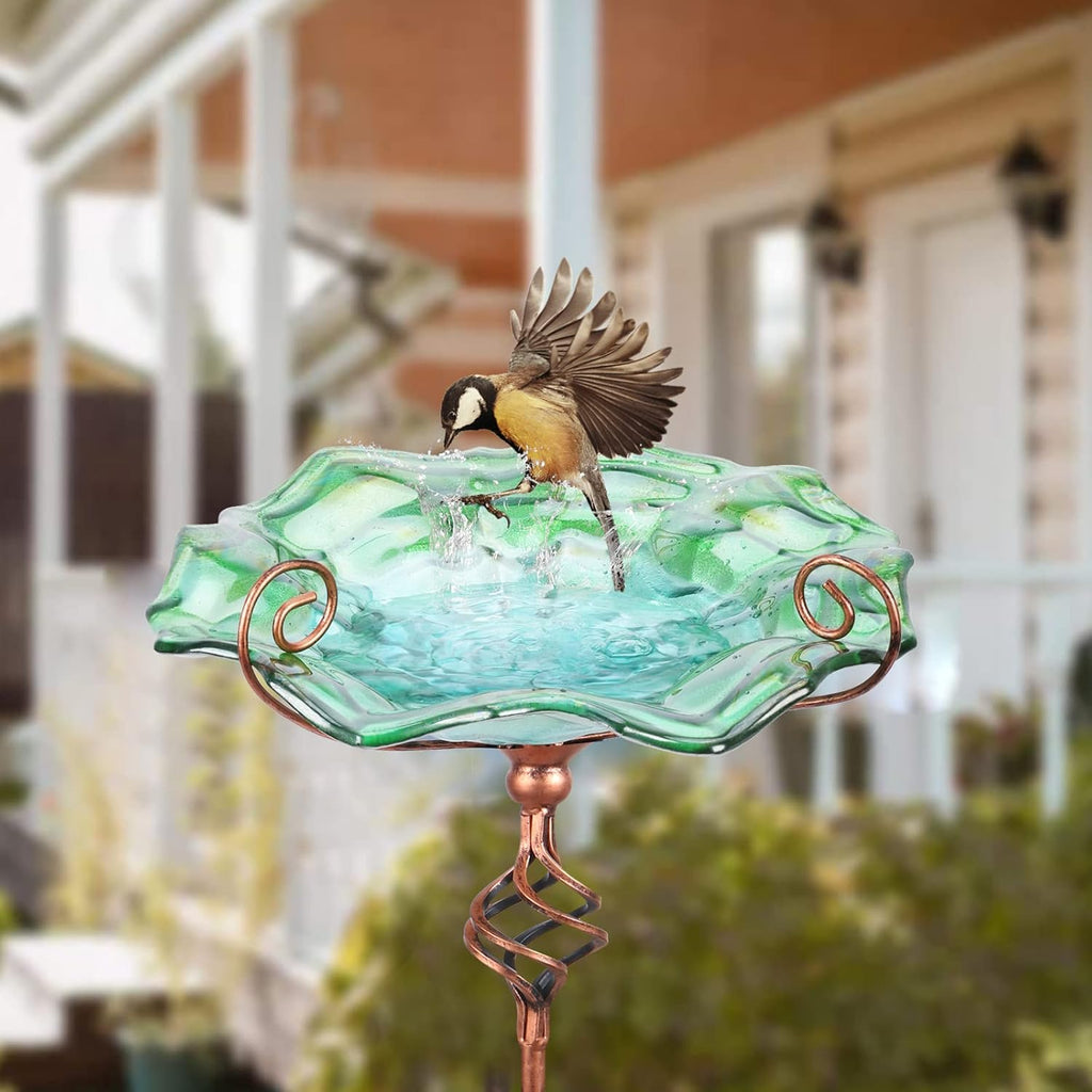 VCUTEKA Bird Bath Glass Outdoor Birdbaths Garden Yard Decor Bird Feeder with Metal Stake Green