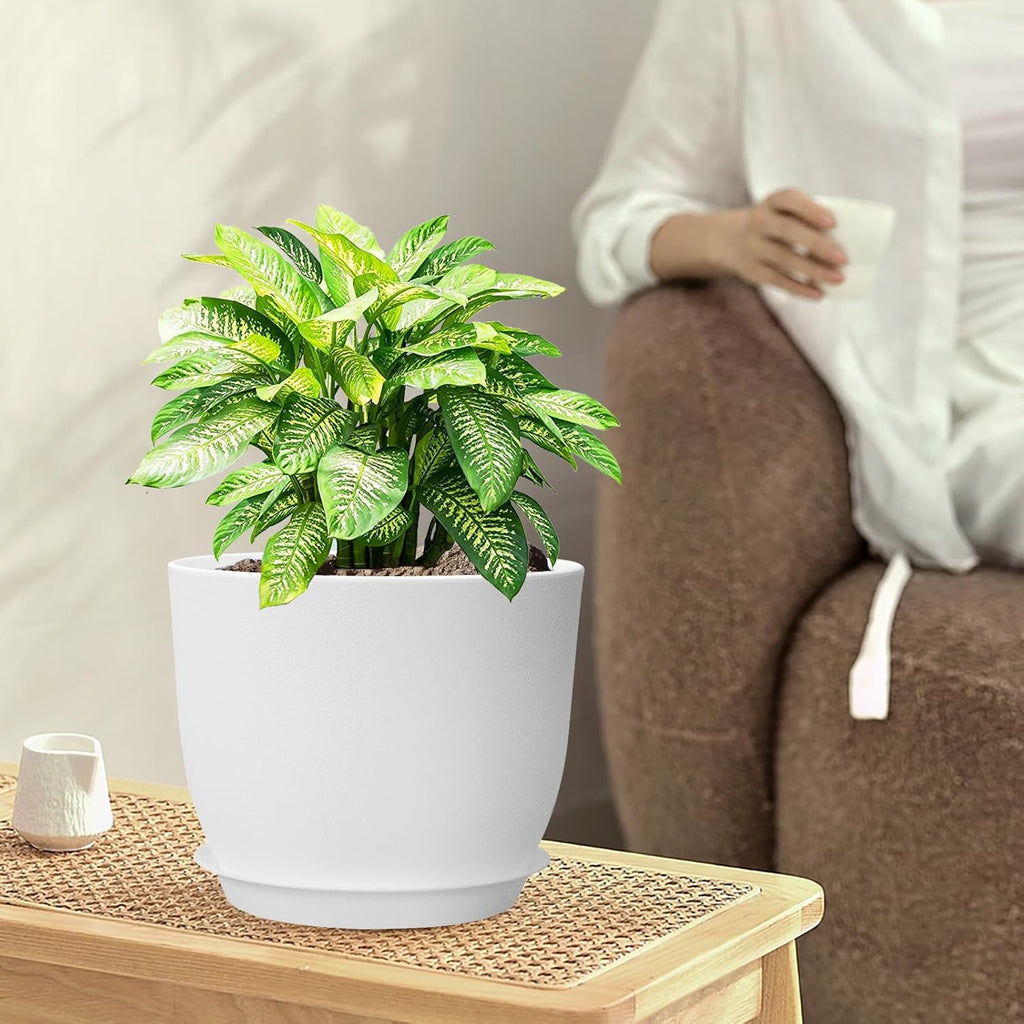 10/9/8 inch Medium Flower Pots, 3 Pack Modern Decorative Plastic Planters with Drainage Holes and Tray, Plant Pots for Indoor Outdoor Plants, White