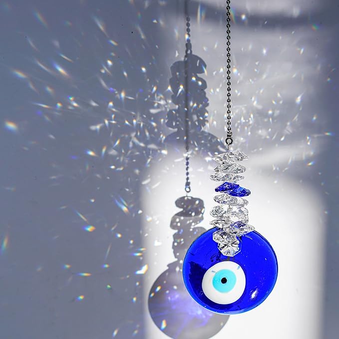 Blue Glass Evil Eye Talisman with Crystal Beads - Good Luck Charm, Home, Office, Car Decoration, Blessing Ornament, Reflects Negative Energy