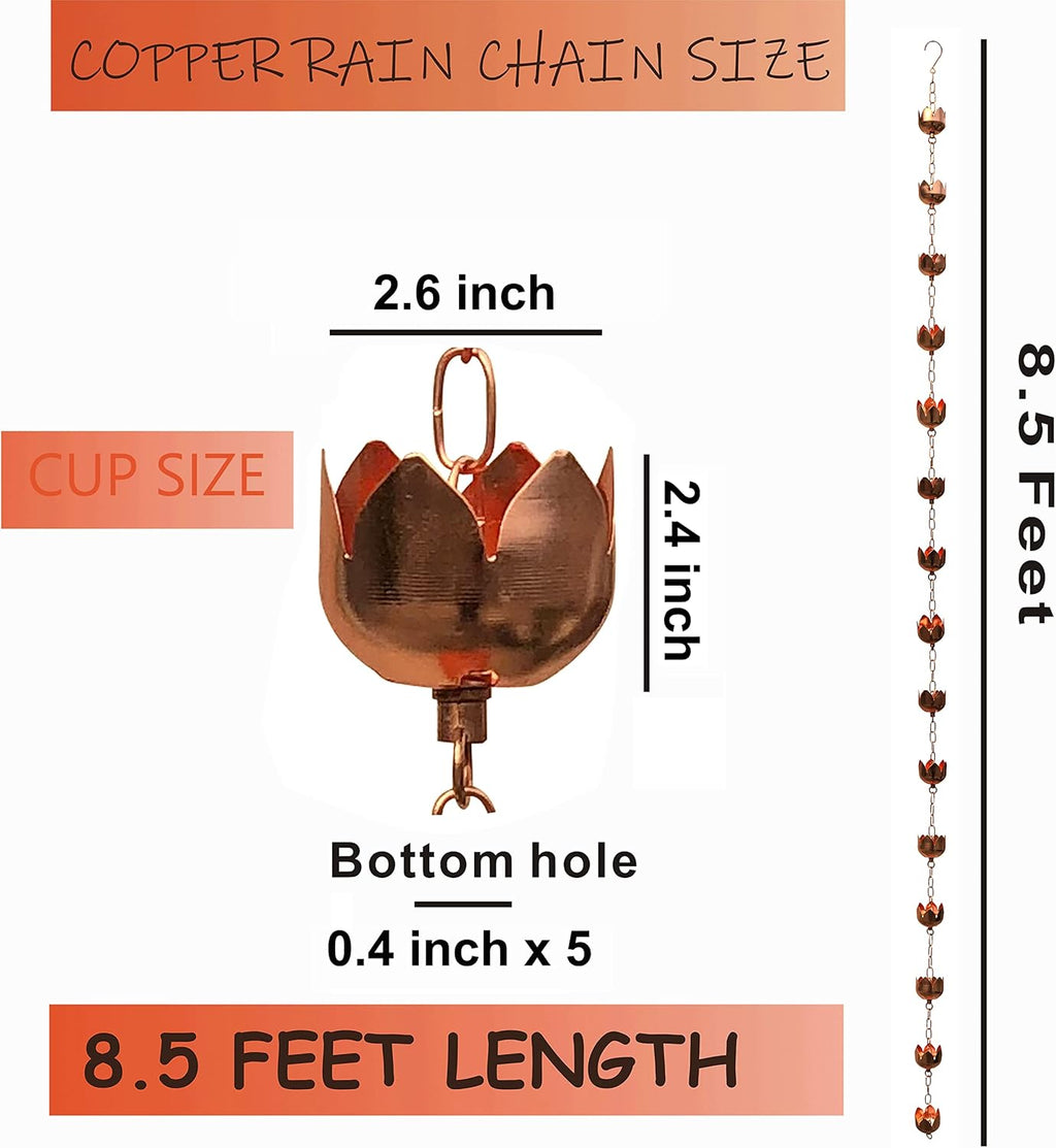 Rain Chains - Pure Copper Lotus Cup Rain Chains for Downspouts. 8.5 Feet Length. Free Gutter Adapter. Windchime and Fountains on Rainy Days.