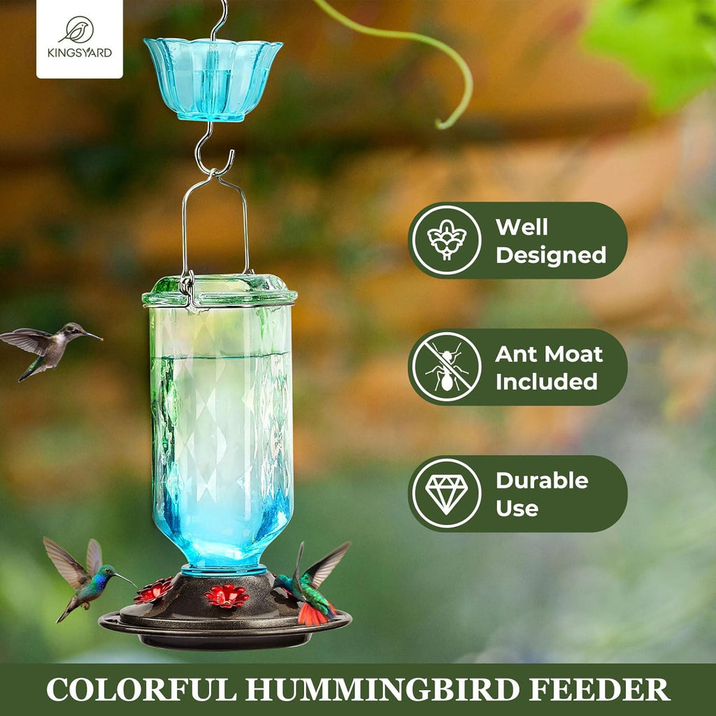 Kingsyard Glass Hummingbird Feeder for Outdoor Hanging, 24 Ounces, 6 Feeding Ports, Bird Nectar Feeder for Garden Décor, Ant Moat Included, Green & Blue