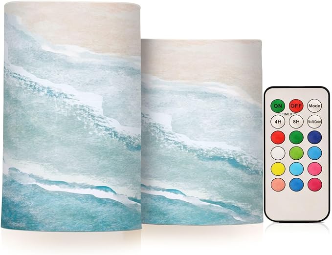 Flickering Flameless Candles, Bohemian Beach LED Candles with Remote Timer, Set of 2 Battery Operated Candle for Valentine Wedding Birthday