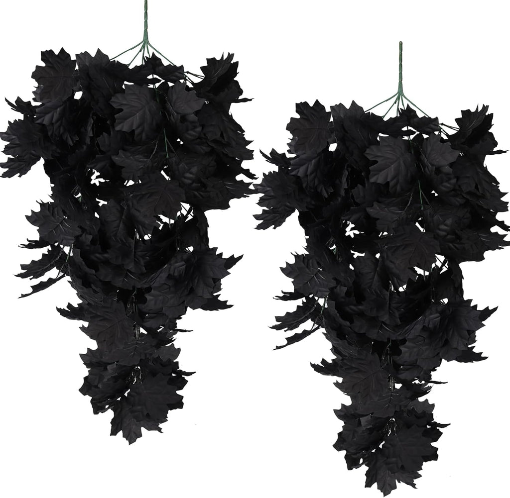 RECUTMS Black Maple Leaf Garland 2PCS Artificial Hanging Fall Halloween Maples Leaves Swag Plants 2.5ft Faux Silk Autumn Garlands for Indoor Outdoor Thanksgiving Party Home Room Fireplace Patio Decor