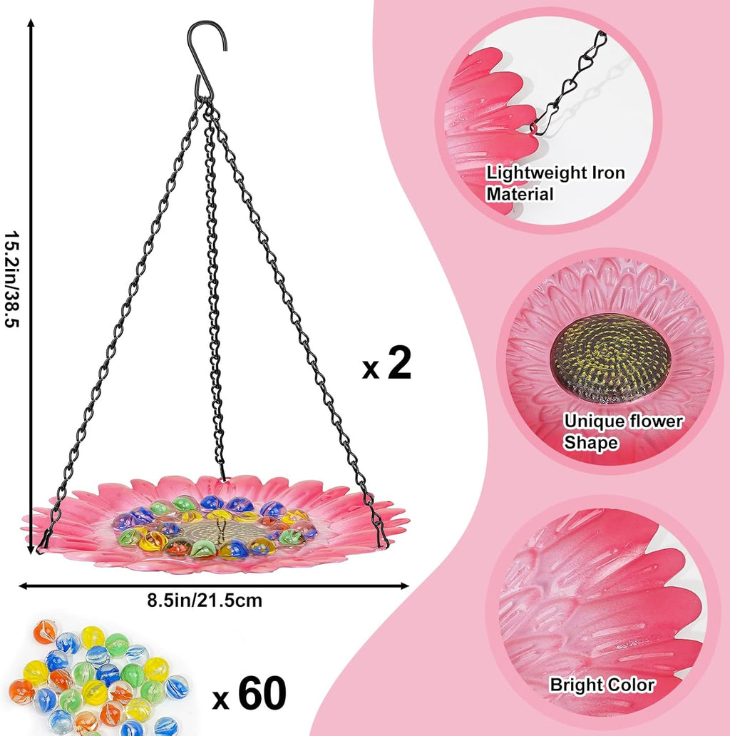 Bee Watering Station for Garden, Bee Bath Feeders for Outside with Vivid Flower Design, Hanging Butterfly Bowl with Glass Balls for Outdoor Courtyard Decoration (2Pcs-Pink)