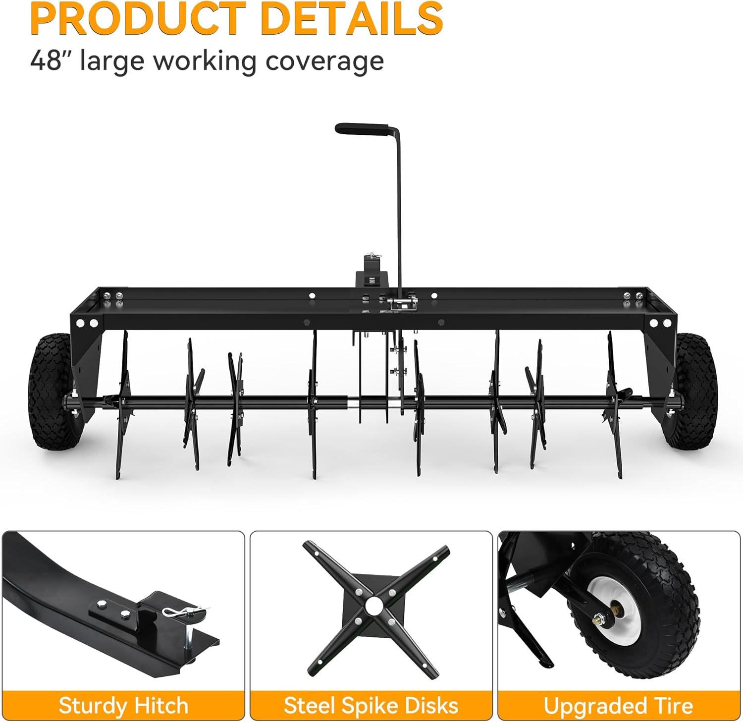 YINTATECH 48" Lawn Aerator Tow Behind with Universal Hitch for Lawn Plug Aerator, Black