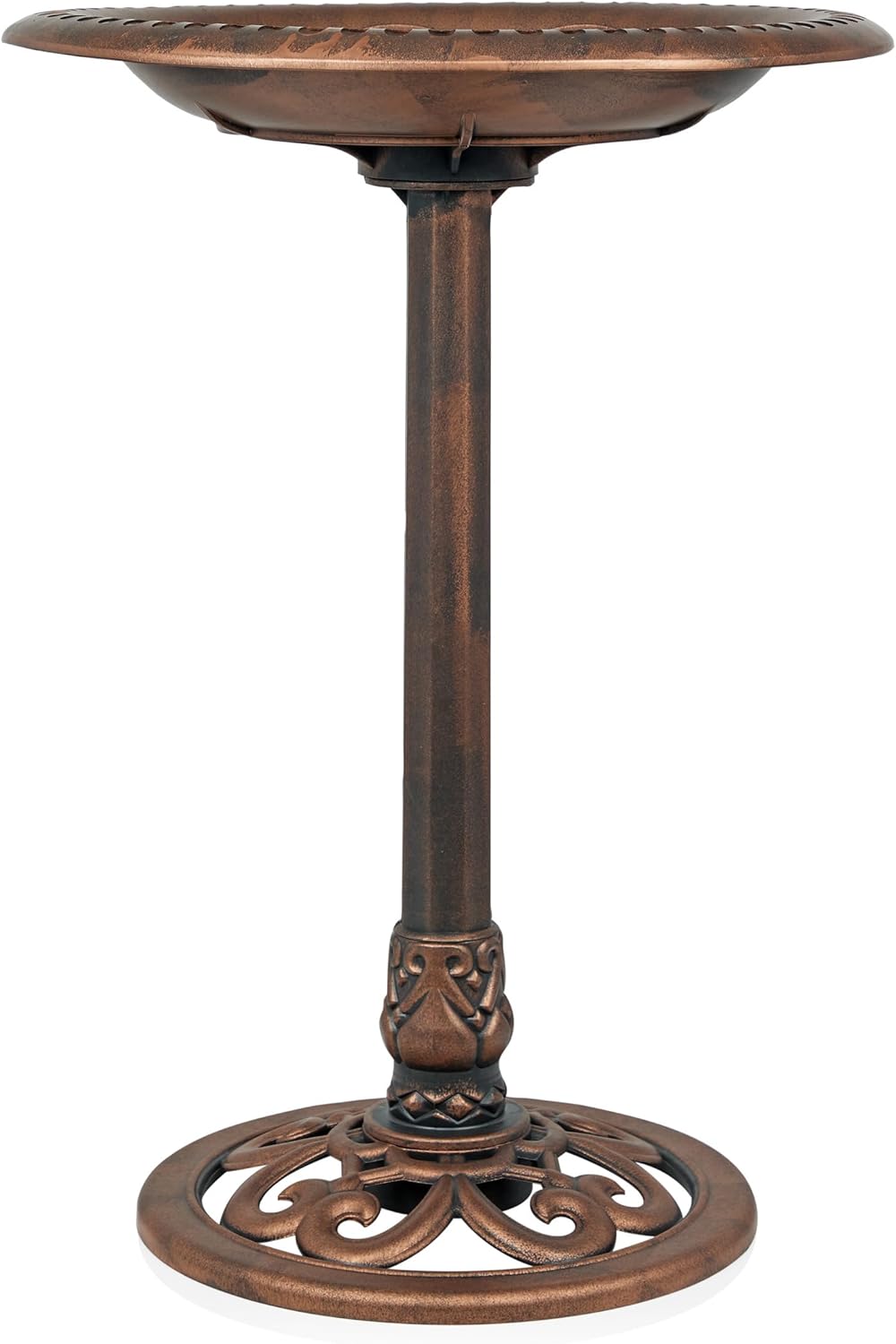 Alpine Corporation TEC116BZ Outdoor Pedestal Birdbath w/Scrollwork Base and Stakes, Elegant Garden Birdbath, 28" H, Bronze