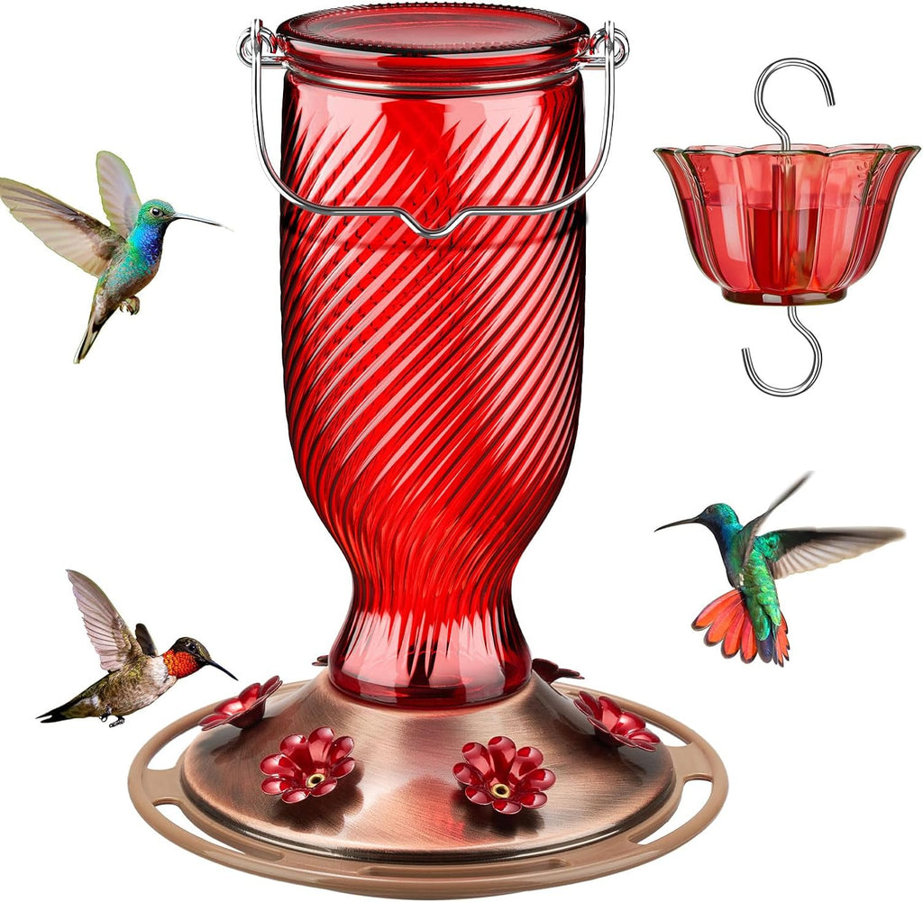 Kingsyard Glass Hummingbird Feeders for Outdoors, 24 oz Hummingbird Nectar Feeder for Outdoors Garden Porch Fall Decorations, 6 Feeding Ports, Ant Moat Included, Easy to Clean & Refill, Red