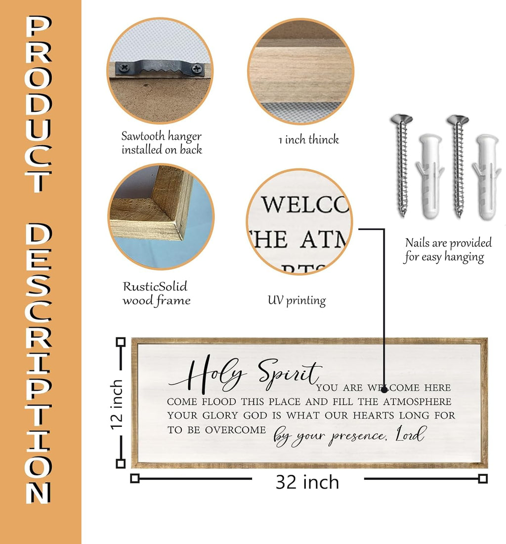 RLWangChao Christian Inspirational Wall Decor Holy Spirit You are Welcome Here Sign 32×12 Inch Bible Verse Plaque Religious Scripture Quote for Living Room Large Wood Framed Wall Hanging (Wood)