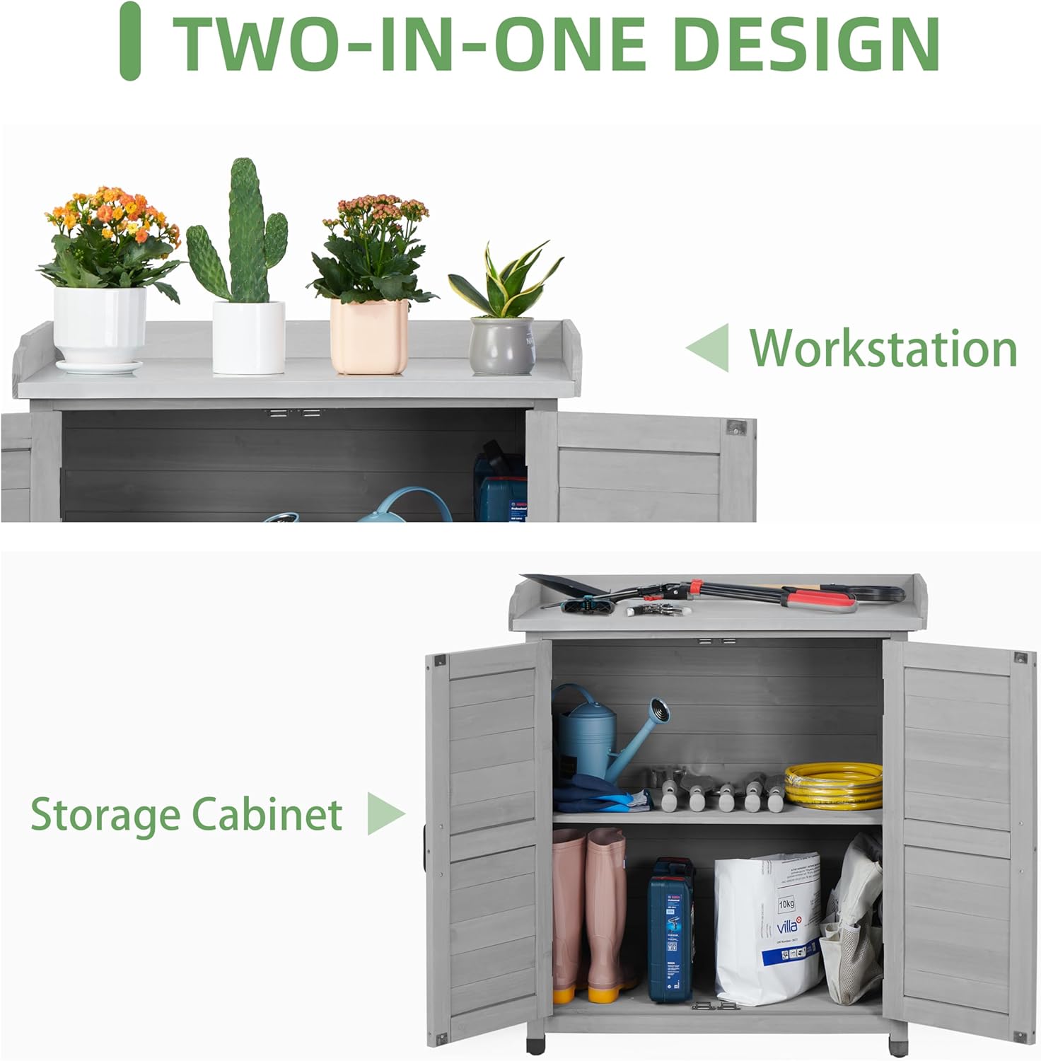 Potting Bench with Storage Cabinet and Metal Table Top for Outdoor Patio, Garden Furniture Wood Workstation (Classsic Grey, 31.5x17x39)