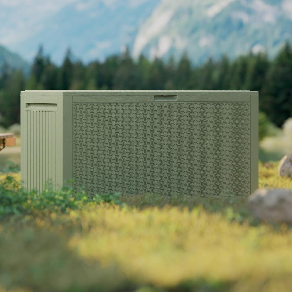 90 Gallon Outdoor Storage Box, Lockable Outside Storage Box Waterproof, Patio Cushions Deck Storage Boxes, Rattan Plastic Garden Hose Containers Resin Pool Storage Bins with lids, Sage Green
