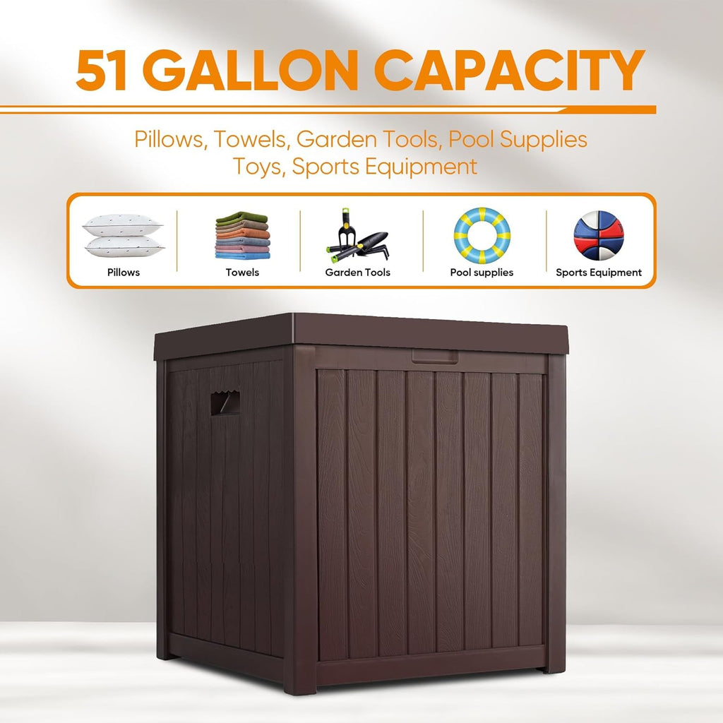 51 Gallon Resin Deck Box, Outdoor Storage Box Waterproof for Patio, Garden, Pool, and Deck, Storage Solution for Cushions, Tools, Delivery Packages, Brown
