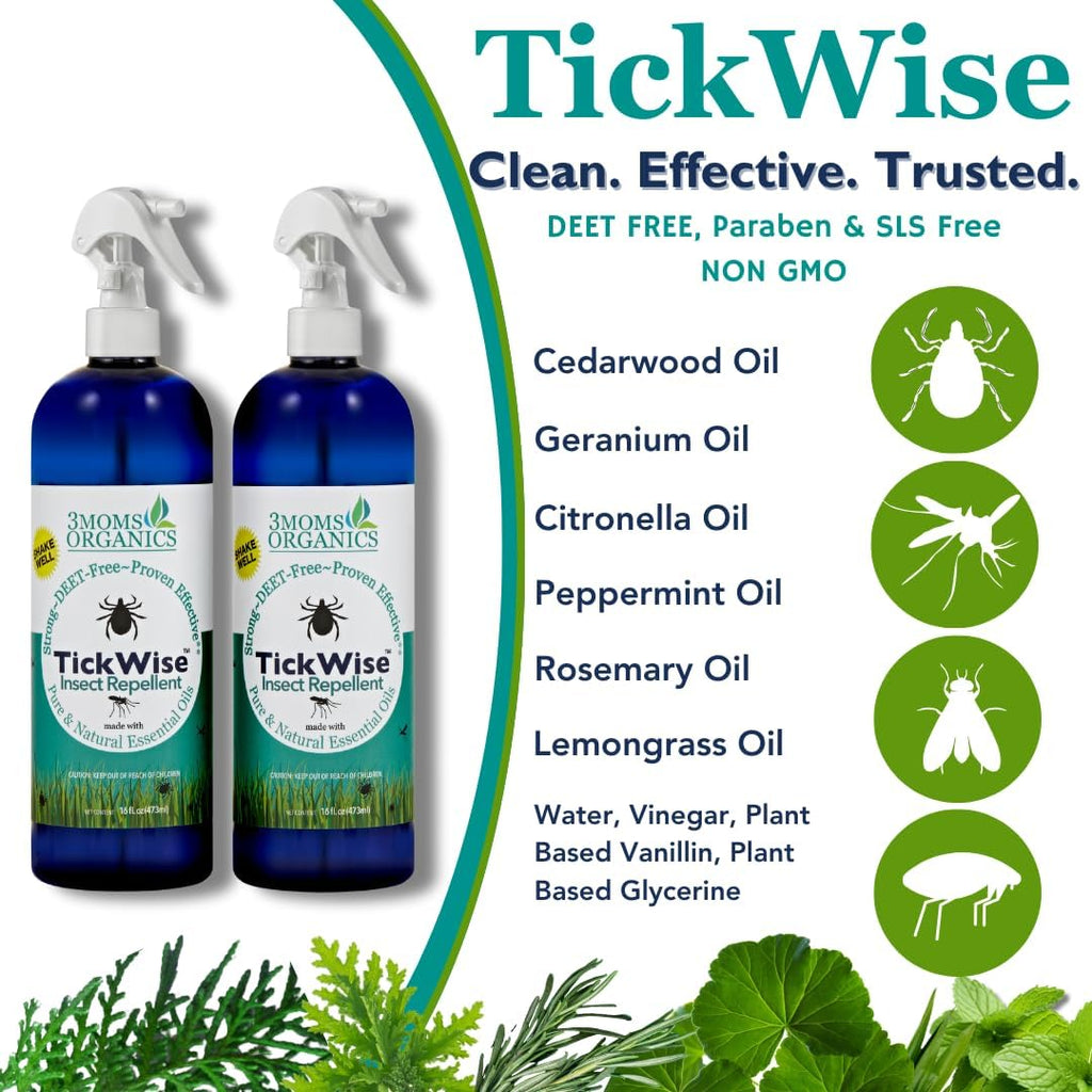 3 Moms Organics, TickWise 16oz Extra Strength Double Mama 2-Pack - DEET- Free, Tick and Insect Repellent, Plant Based Essential Oils, All Natural Ingredients, Safe for Kids, Adults, Dogs & Horses