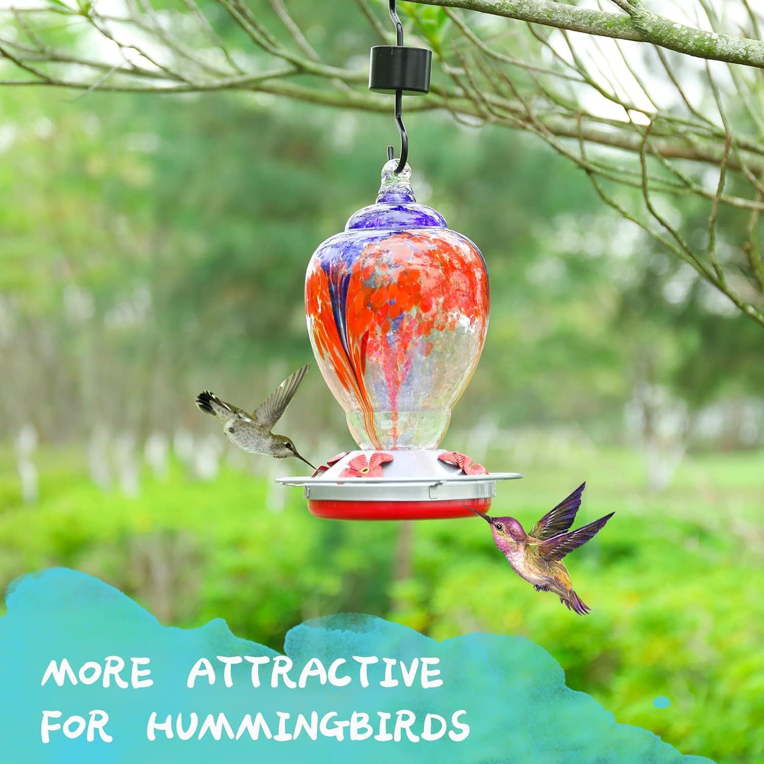 Yinns Hummingbird Feeders for Outdoors Hanging Ant and Bee Proof, Blown Glass Bird Feeder, Glass Hummingbird Feeder with Ant Moat Hanging Hook, Brush, Rope
