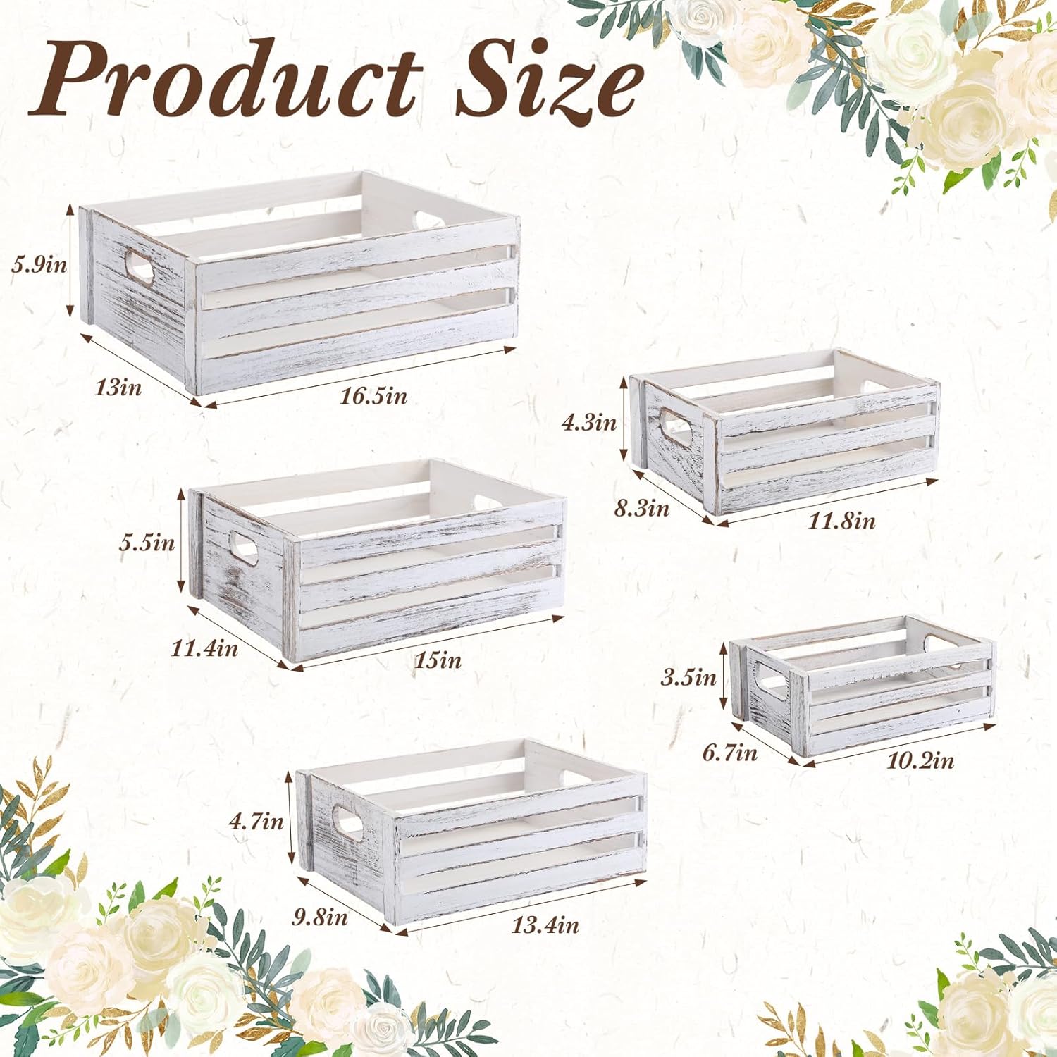 5 Pack Decorative Wood Crates for Display 5 Sizes Rustic Nesting Wooden Crates Vintage Storage Container Boxes with Handles Handmade Decorative Baskets Bin for Farmhouse(Vintage White)