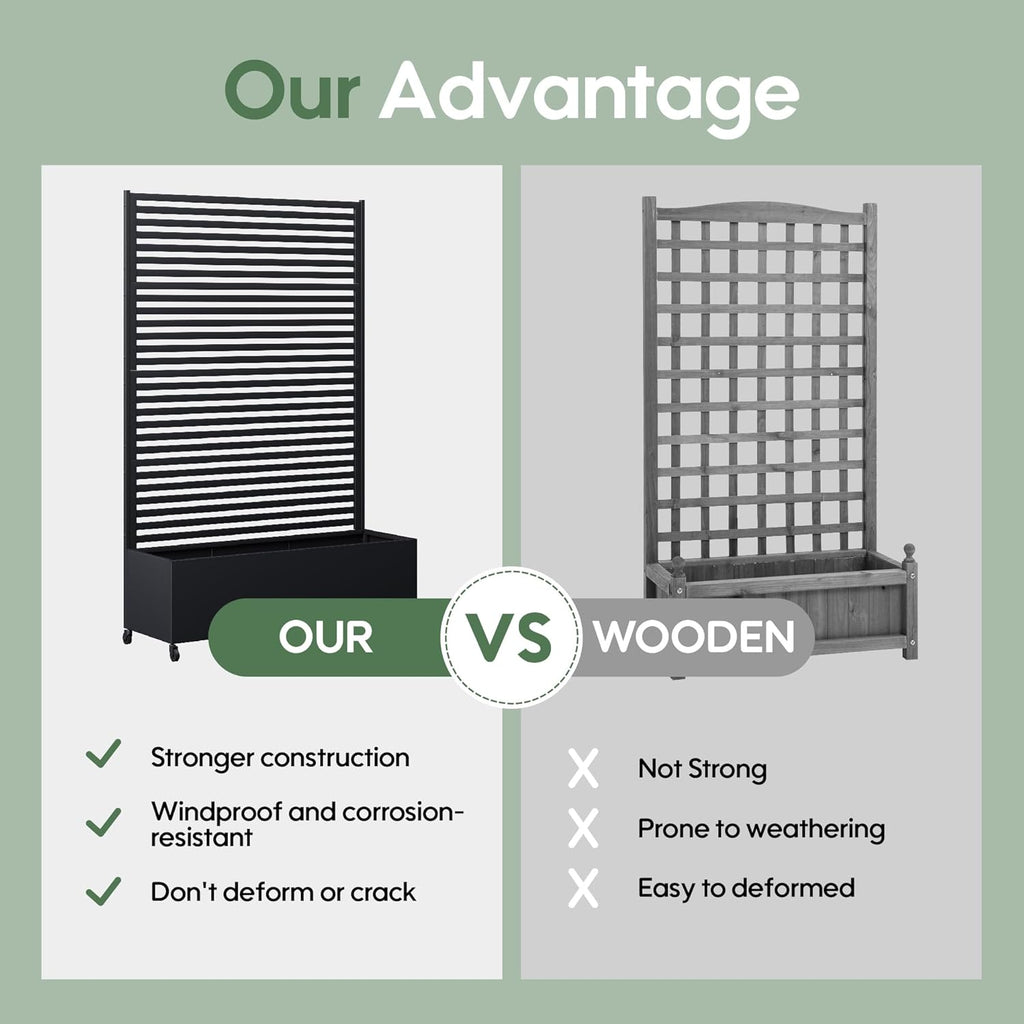 Metal Planter Box with Trellis Privacy Screen, Raised Garden Bed with Trellis & Wheels, Privacy Planters for Patio, Planter Box with Drainage Holes for Climbing Plants, Flower, 73"x 47"x 16", Black