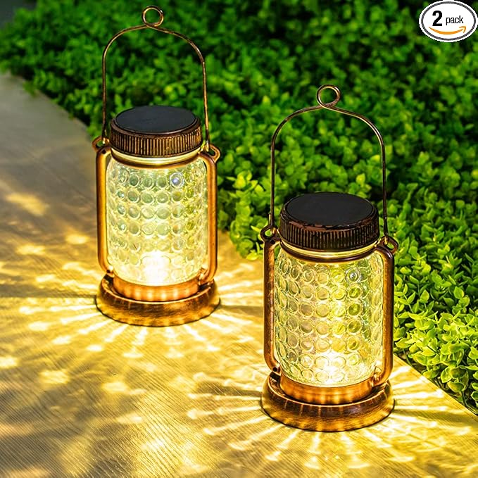 Outdoor Garden Decor, 2 Pack Solar Lantern Waterproof Warmwhite Mason Jar Hanging Lights, Porch Decorative for Garden Yard Patio Backyard Deck Courtyard Lawn