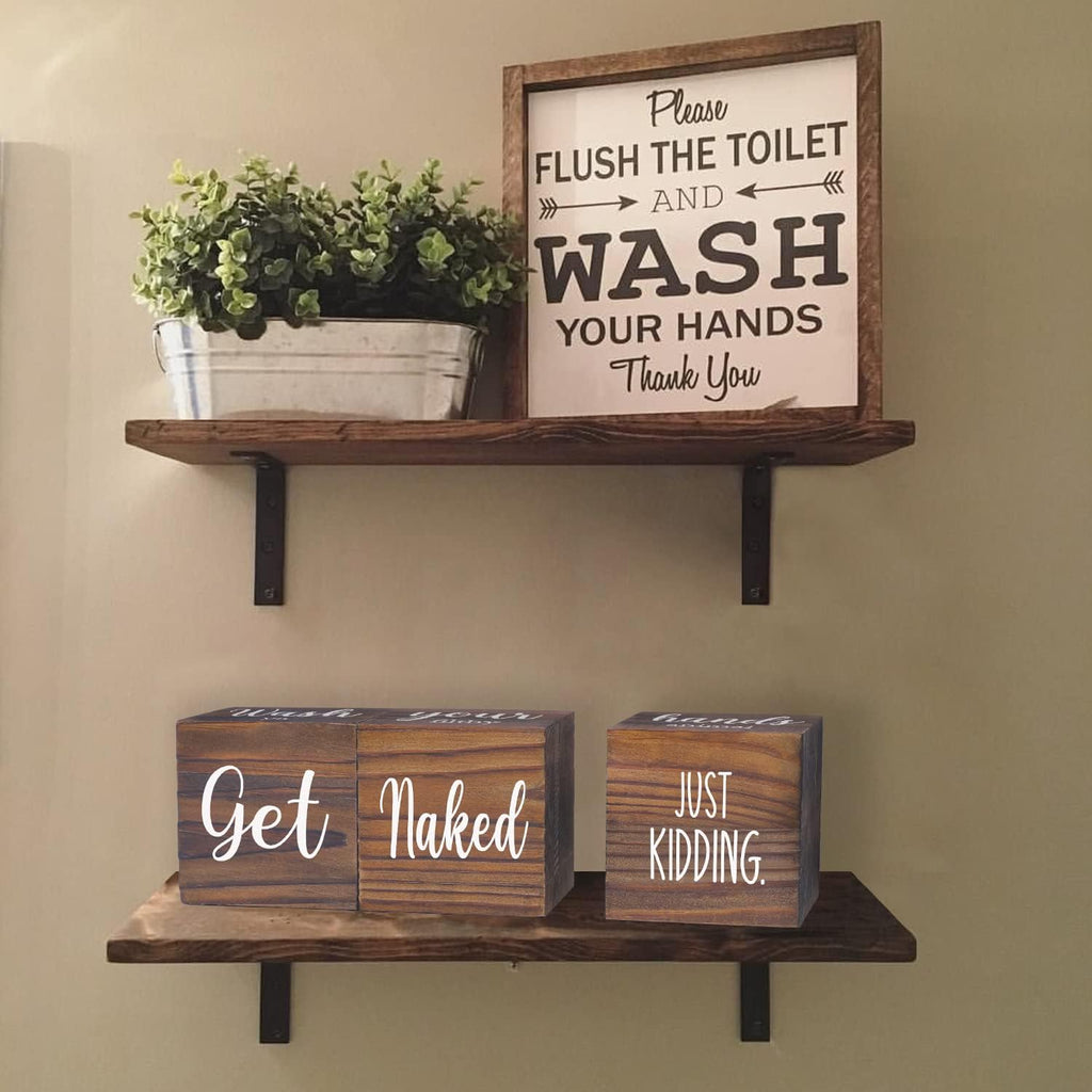 Farmhouse Bathroom Decor, Wooden Cute Restroom Home Decoration, Funny 4-Sided Mordern Rustic Bathroom Blocks, Nice Butt&Get Naked&Hello Sweet Cheeks&Wash Your Hands Sign, Brown 2.8"