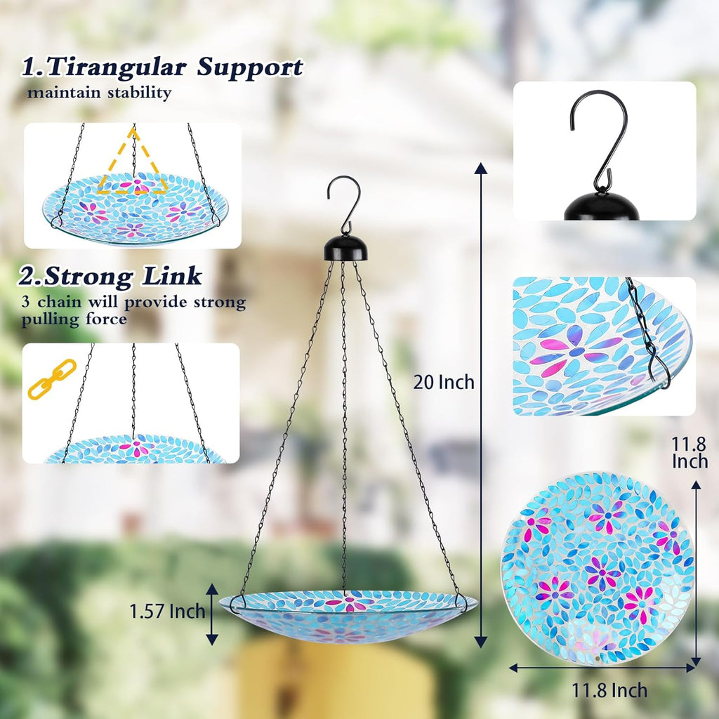 MUMTOP Mosaic Hanging Bird Bath-Bird Baths for Outdoors - 12 Inch Glass Bird Water Bowl Bird Feeders for Outside, Garden, Lawn Yard Decor（Blue）