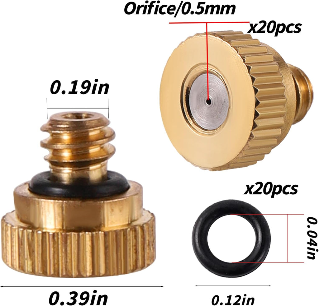 20 Pack Brass Misting Nozzles with 20Pc Brass Misting Nozzles O Ring,Heavy Duty Misting Nozzle 0.02" Orifice (0.5 mm)10/24 UNC for Outdoor Cooling System Dust Control