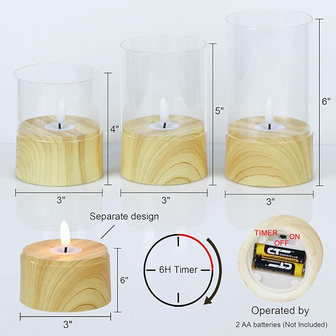 Battery Operated Candles with 6H Timer, 3 Pack Glass LED Flikcering Flameless Candles, Clear Pillar Candles with 3D Flame for Spring Wedding Home Bedroom Decor(Set of 3)