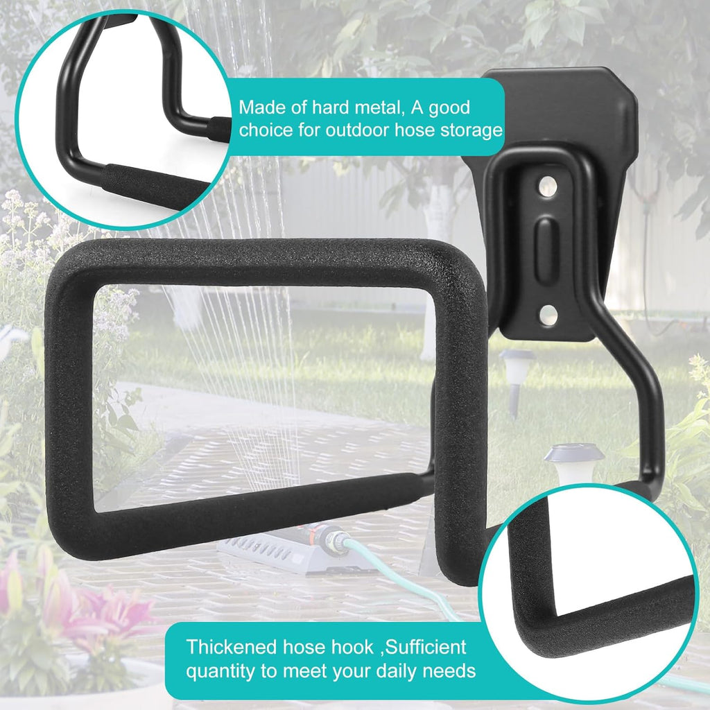 4PCS Metal Garden Hose Hook Heavy Duty Water Hose Hook Wall Mounted Garage Hook Sturdy Storage Bracket Stand Organizer160lbs for Outside Yard Water Extension Cords Black