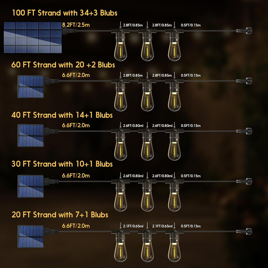 Solar String Lights Outdoor with Remote 30 FT, USB & Solar Dual Charging, Waterproof, 8 Modes 3 Timers, 10+1 LED Shatterproof S14 Bulbs, Dimmable Solar Light for Camping Backyard Bistro Porch Garden