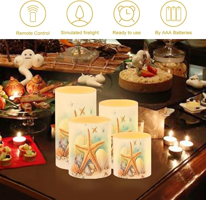 Flameless LED Battery Candles Pack of 4 Waterproof Pillar Candles Tealights with 18-Key Timer Remote Colorful Lights for Outdoor Beach Coastal Home Decor, Starfish Seashell Retro