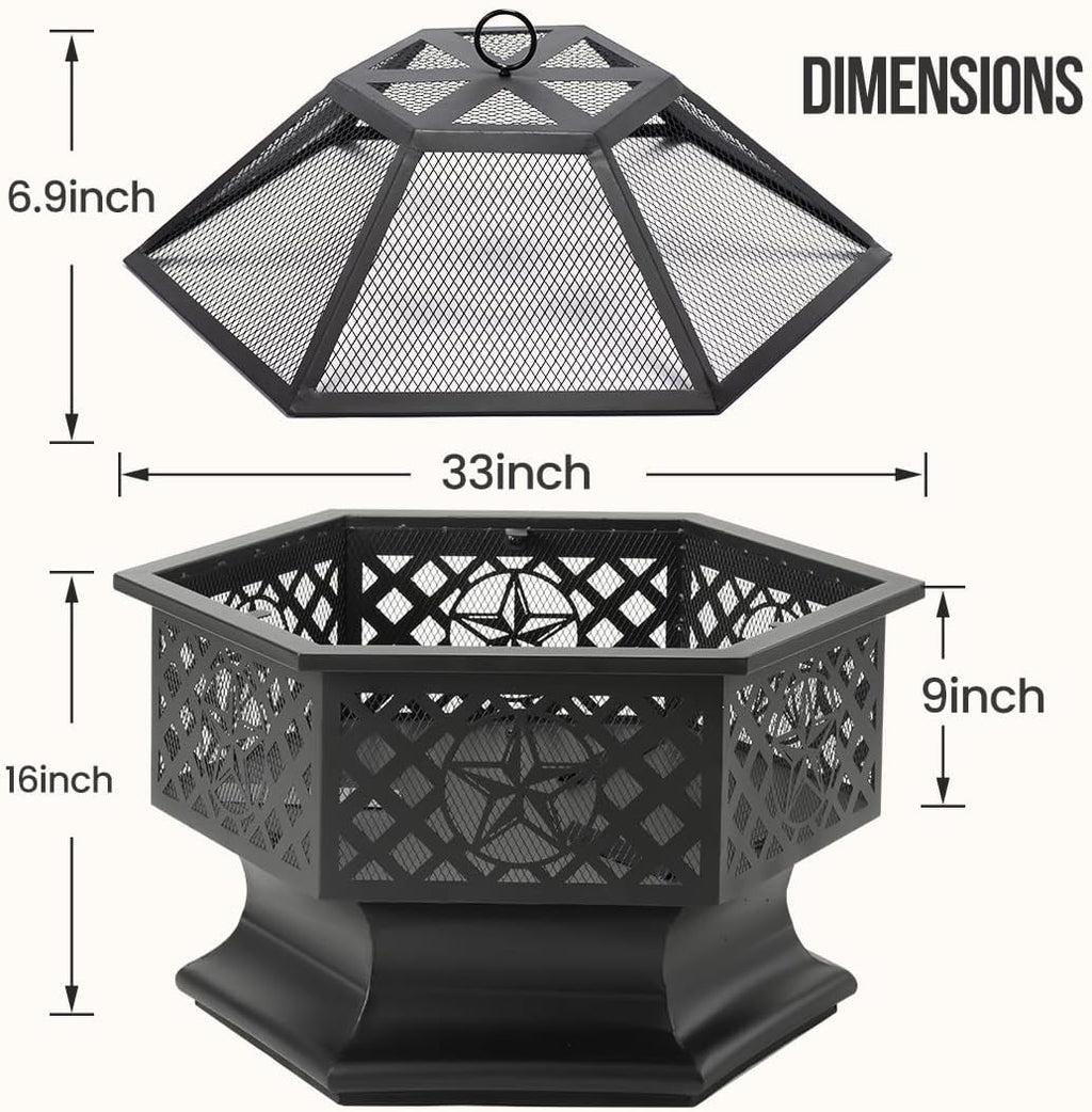 33 Inch Outdoor Fire Pit, Hexagon Shaped Wood Burning Fire pits for Outside, Metal Firepit with Fire Poker&Mesh Cover for Bonfire, Patio, Yard, Garden,Beach and Camping (33'' Black)