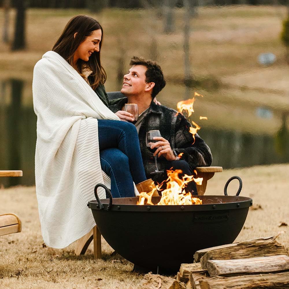 Ash & Ember 32in Hemisphere Fire Pit with Screen and Poker, Cast Iron High-Temperature Black Paint Fire Bowl, Wood Burning Backyard Fireplace, Portable Outdoor Firepit