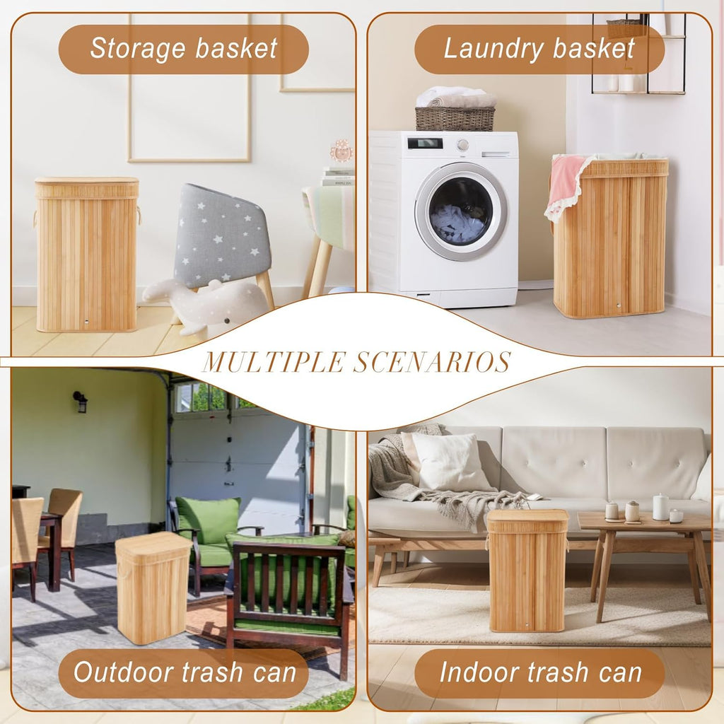 1 Pack Bamboo Slim Trash Can with Lid, 21 Gallon Large Foldable Slim Rectangular Garbage Can Bamboo Waste Basket for Bathroom Bedroom Office Home Salon Spa (23.6×15.8×11.8inches,Wooden Color)