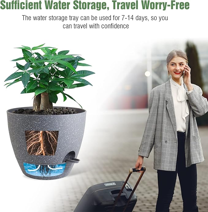 12 inch Large Self Watering Pots, Plastic Planters with 60oZ Removable Deep Reservoir and Multi Mesh Drainage Holes for Indoor Outdoor Garden Plants and Flowers, Grey Speckles