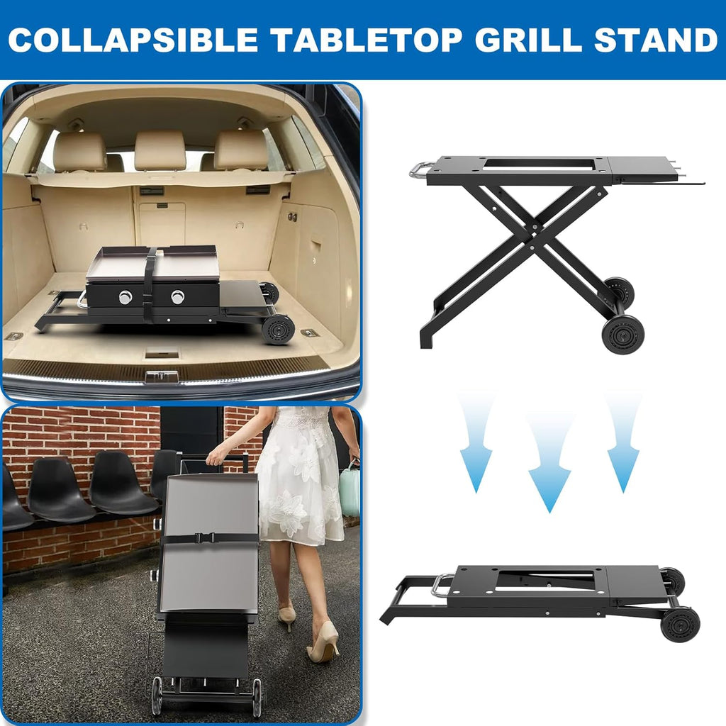 Foldable Grill Cart Table for Blackstone 22 Inch 17 Inch Tabletop Griddle Accessories,Portable Collapsible Grill Stand for Backyard, Camping and Outdoor Cooking with Wheels Side Table Transport Handle