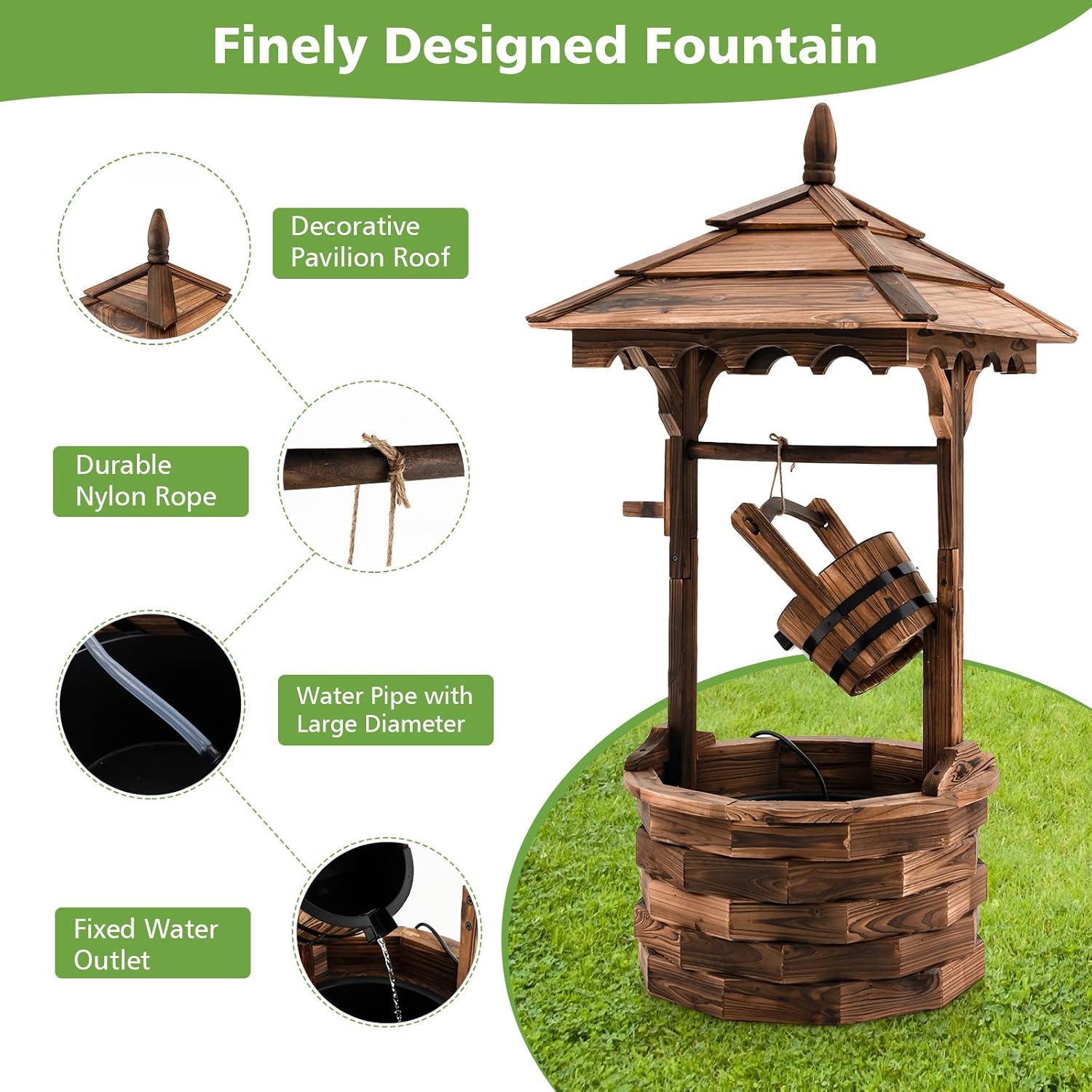 Giantex Rustic Wishing Well Fountain, Outdoor Wooden Water Fountain with Electric Pump, 5 Adjustable Water Flow Rates, Water Bucket, Freestanding Decorative Wishing Well for Backyard Patio Garden