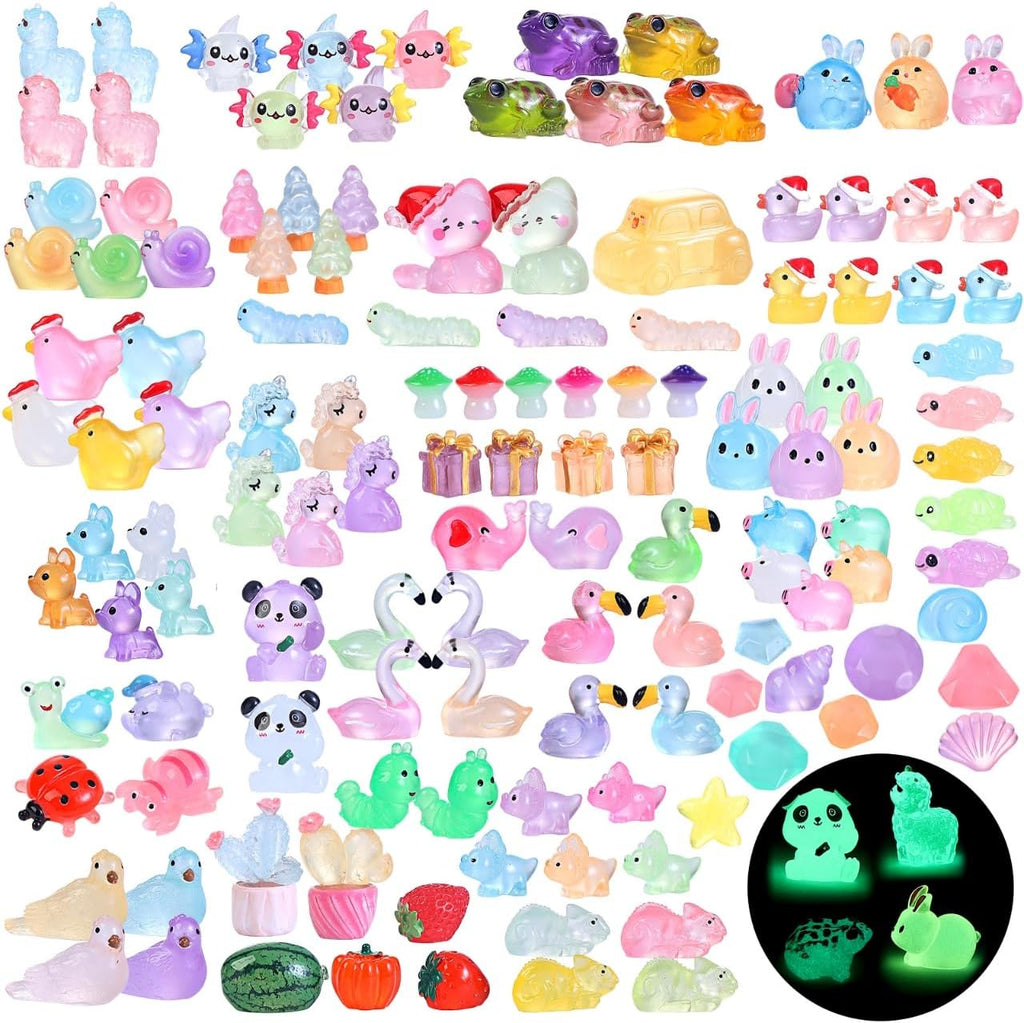 130pcs Luminous Mini Resin Animals Figures to Hide Miniature Figurines Glow in The Dark for Miniature Fairy Garden Accessories Micro Landscape Aquarium Ornaments Kit Dollhouse Decor Crafts