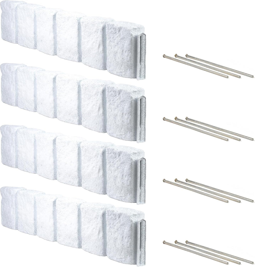 Beuta Landscape Edging | Garden Edging Border | Faux Stone Block XL for Lawn Edging, Flower Beds & Yard Edging – 4 Pack | Each Section Has 6 Blocks 48" L x 4" W x 9.5" H | 12 Spikes | Limewash