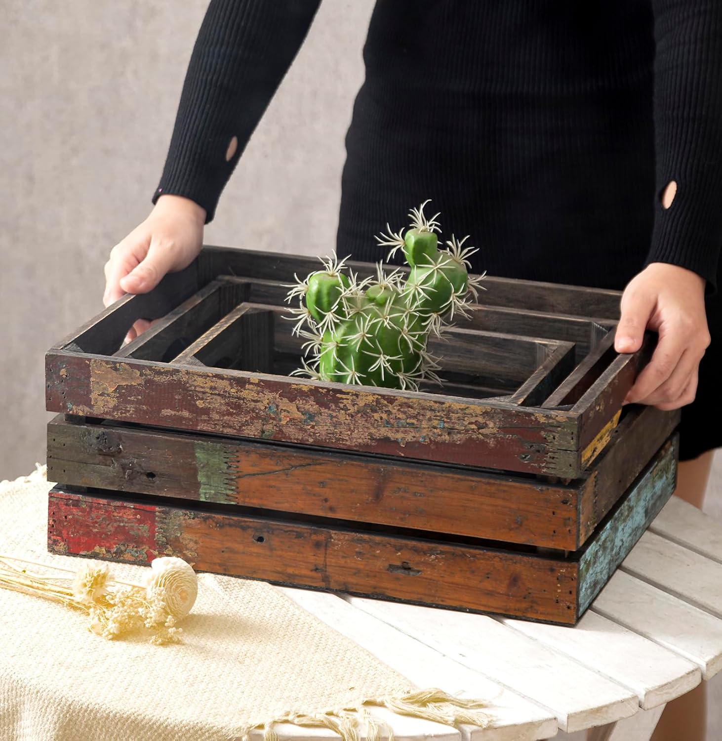 TIMRIS Set of 3 Rustic Distressed Wood Nesting Crates, Farmhouse Decorative Wooden Storage Boxes, Large Vintage Reclaimed Wood Baskets for Display (Random)