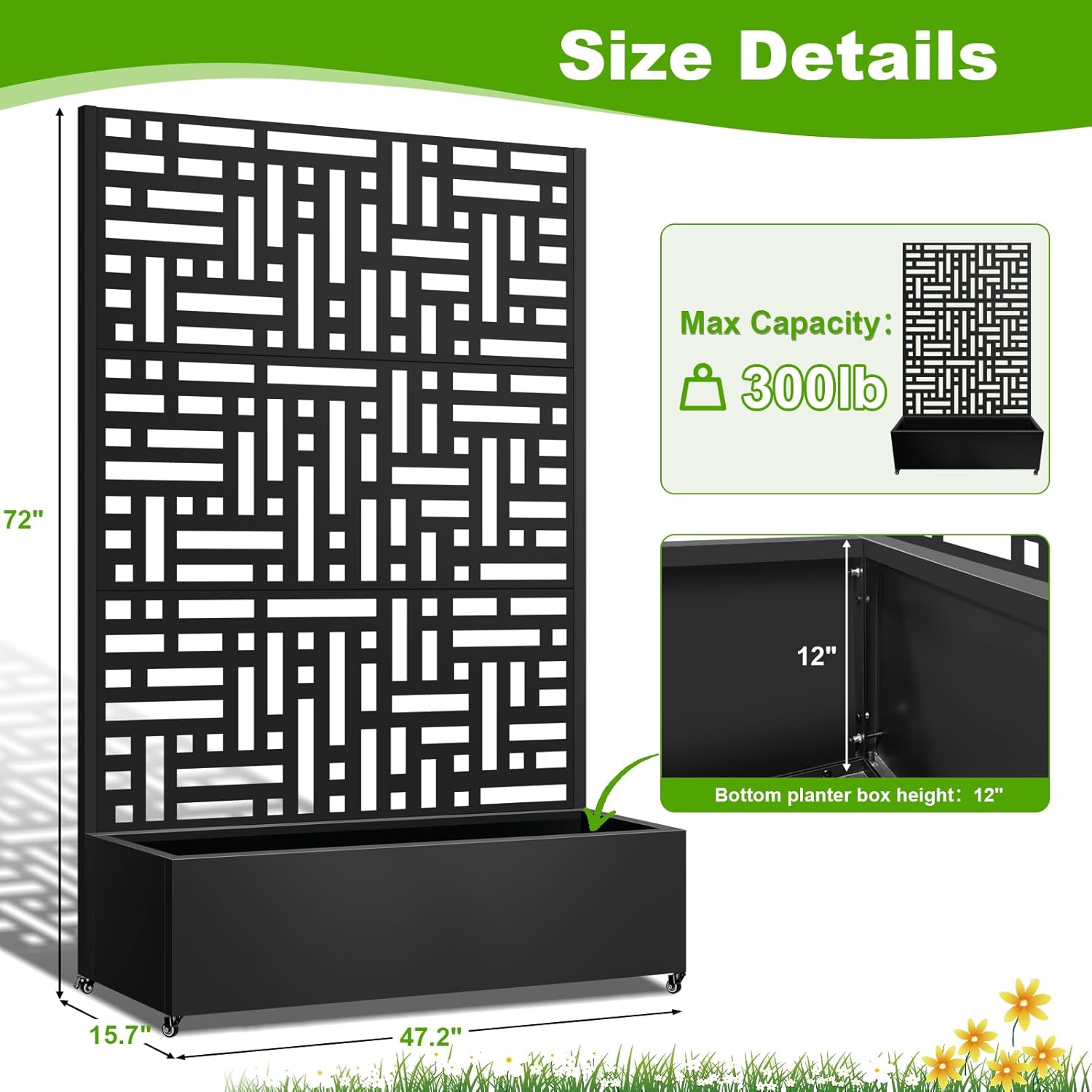 Metal Planter Box with Trellis, 72"x47"x16" Metal Raised Garden Bed with Trellis, Trellis Planter Box with Drainage Holes & Lockable Casters for Climbing Plants, Vegetables, and Vines