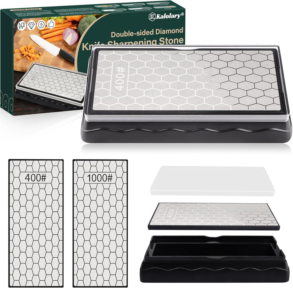 Double-Sided Diamond Sharpening Stone, Kalolary Knife Sharpener Stone Whetstone Honeycomb Surface Plate with Non-slip Base for Scissors Knives Outdoor Kitchen Sharpen Tools (400/1000 Grit, 150 x 63mm)